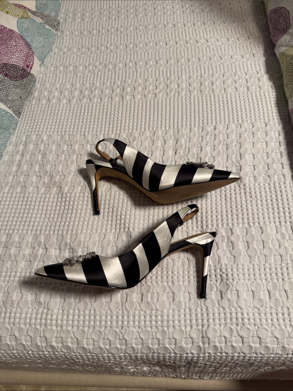 Striped Black and White Slingback Heels with Crystal Buckle - Picture 4 of 6